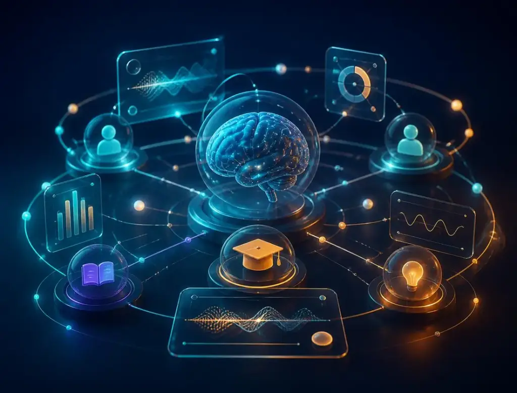 Illustration of an interconnected AI learning ecosystem with analytics panels and speech waveforms