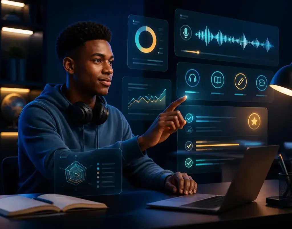 Student reviewing an AI-powered IELTS learning dashboard with band score analytics and speaking feedback